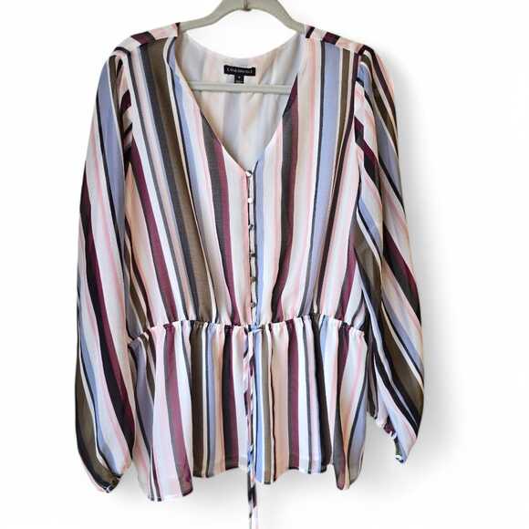 Lane Bryant Tops - Lane Bryant Women's Size 16 Multicolor Striped Top 3/4 Sleeves Blouse Tie Waist